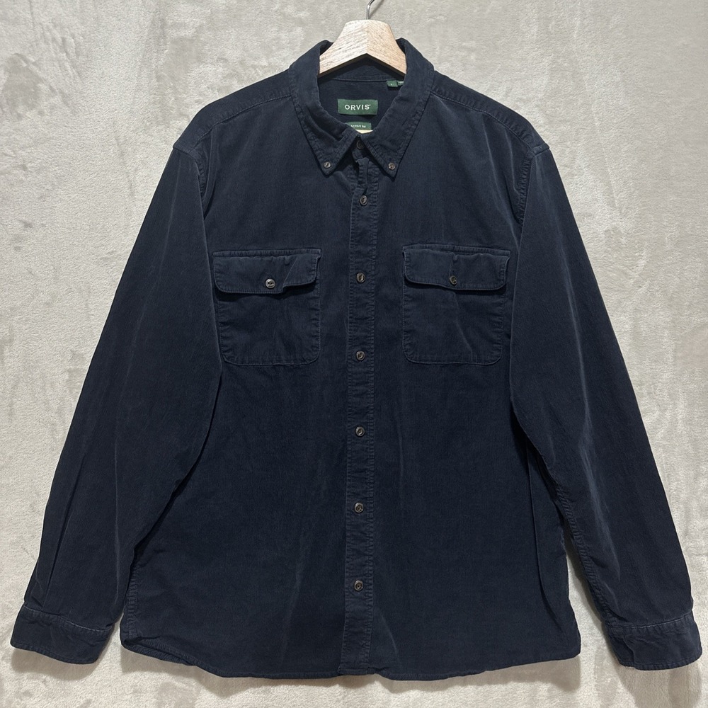 Orvis Active Fit Men's L Navy Long Sleeve Shirt Velour/Velvet Button Up Pockets